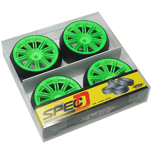 Колеса для дрифта Yeah Racing (#WL-0080) Spec D 10 Spokes 2 Ribs Wheel Offset +3 Green w/Tire 4pcs For 1/10 Drift