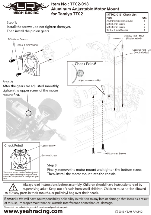 Моторама Yeah Racing (#TT02-013BU) Aluminum Adjustable Motor Mount For Tamiya TT02 TT02B