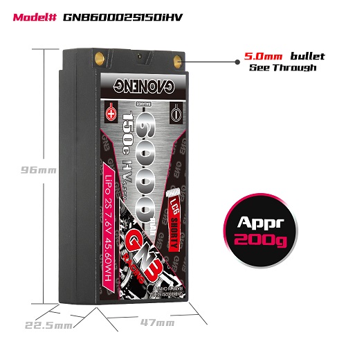 Аккумулятор Li-Po GAONENG (#GNB60002S150iHV) GNB Shorty Lipo 6000MAH 2S 7.4V 150C