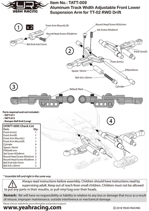 Рычаги задние алюминиевые Yeah Racing (#TATT-010BU) Aluminum Track Width Adjustable Rear Lower Suspension Arm for Tamiya TT02 RWD Blue