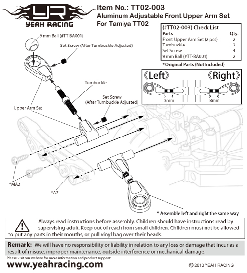 Рычаги задние Yeah Racing (#TT02-003BU) Aluminum Adjustable Front Upper Arm Set For Tamiya TT02
