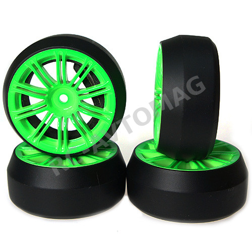 Колеса для дрифта Yeah Racing (#WL-0080) Spec D 10 Spokes 2 Ribs Wheel Offset +3 Green w/Tire 4pcs For 1/10 Drift