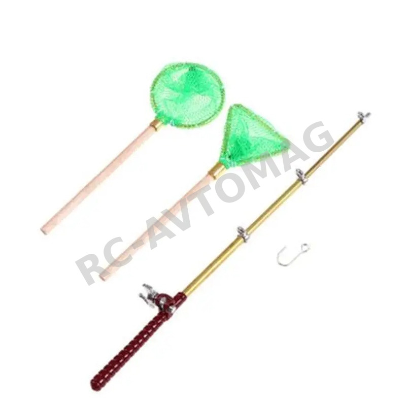 Декоративная миниатюрная удочка  RC-Avtomag (#AV-EL06029) 1:12 Miniature Fishing Rod 1Set of Miniature Fish Rod Fishing Net Mini House Fishing Rod Models