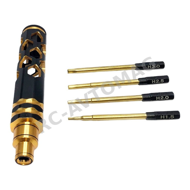 Набор шестигранников RCTurn (#RTT29GD) Precision Magnetic Multi-Bit Screwdriver Set with Ball Bearing Mechanism, Interchangeable Hex Chucks 5.0mm and Hex1.5/2.0/2.5/3.0mm for RC Hobby Cars