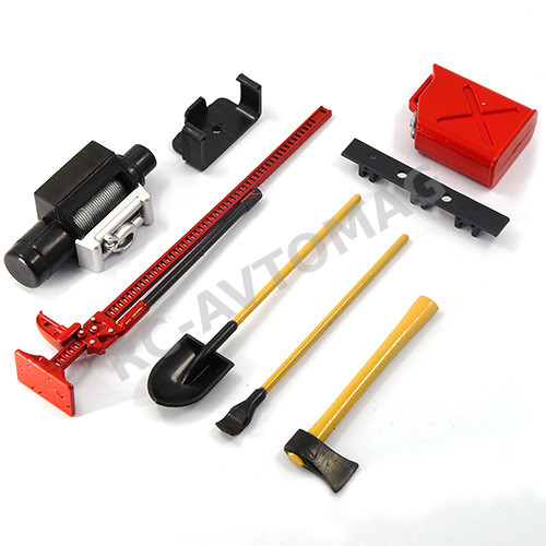 Набор трофи масштабный Yeah Racing (#YA-0356RD) 1/10 RC Rock Crawler Accessory Tool Set Axes Digging Shovel Oil Tank High Jack Winch Pry Bar