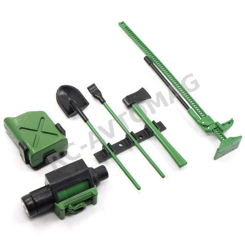 Набор трофи масштабный Yeah Racing (#YA-0356GN) 1/10 RC Rock Crawler Accessory Tool Set Axes Digging Shovel Oil Tank High Jack Winch Pry Bar (копия)