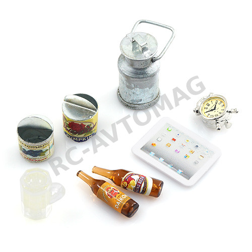 Аксессуары трофи масштабные Yeah Racing (#YA-0365) 1/10 RC Crawler Camping Accessory Combo w/Beer Bottle Glass, Ipad, Tin Can, Metal Milk Can